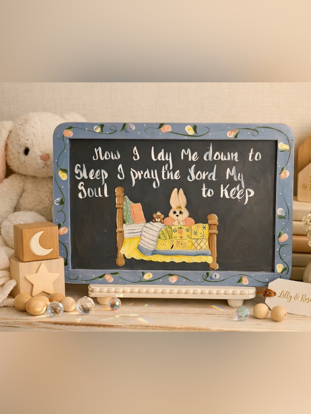 Vintage Hand Painted Nursery Chalkboard Sign Bunny Bedtime Prayer Wall Hanging